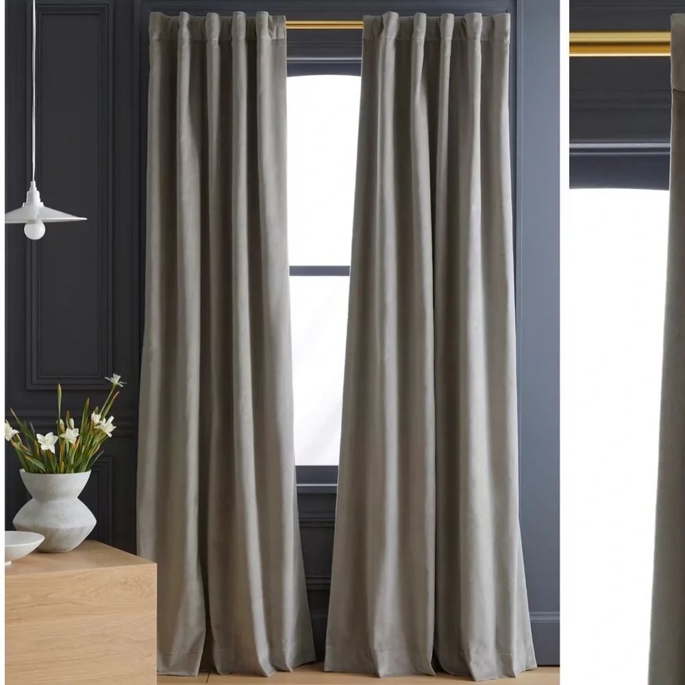 NWT QUINCE 48x96 Cotton Velvet Room Darkening Curtain Light Grey 2119